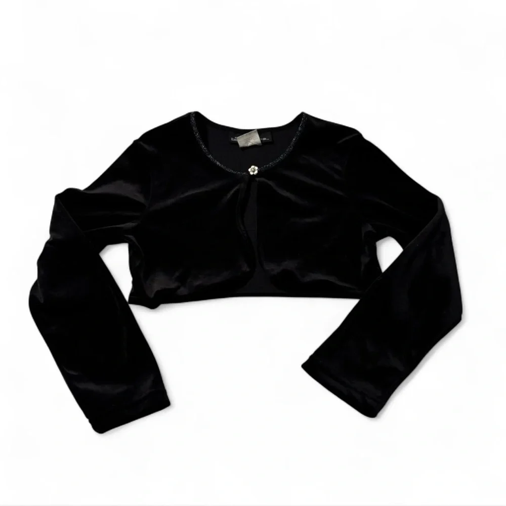 VTG y2k Girls Medium Long Sleeve Velvet Shrug Dress Cover Black Flower Button
